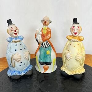 Circus Clown Bells Ceramic Bells 5" Pastel Colors Vintage Lot of 3 Multicolor